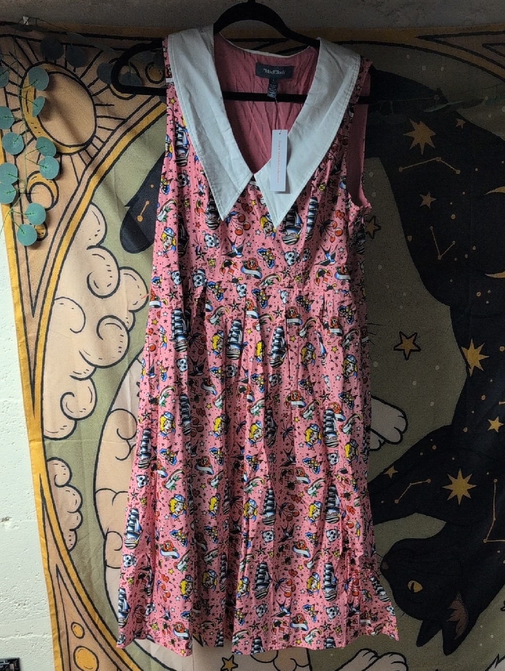 ModCloth Pink Novelty-Print Midi Dress with White Pointed Collar